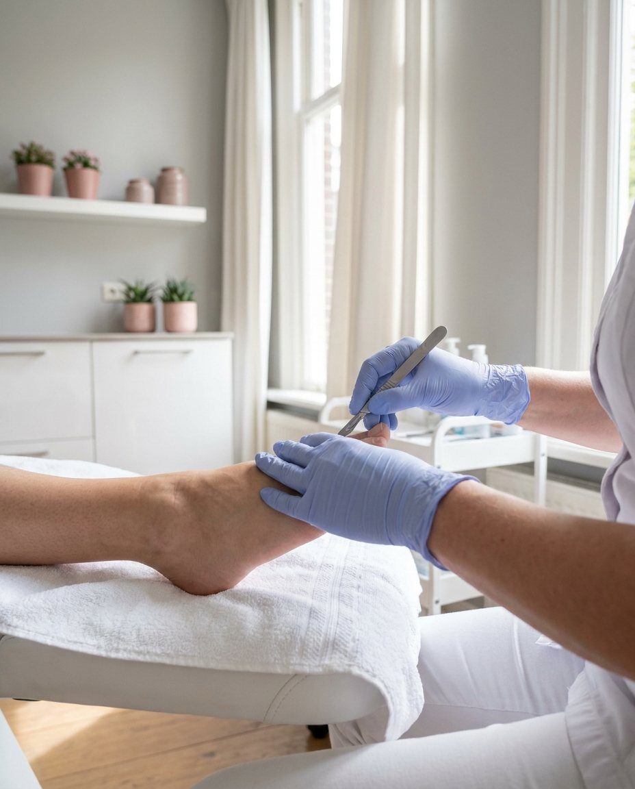 Medisch pedicure behandelt een voet met een steriel mesje